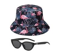 ZBHDEYG 1 sombrero de pescador de flamenco, 1 pieza gafas de sol, sombrero de sol para mujer, sombrero de verano para mujer, sombrero de sol para mujer, Negro , S/M