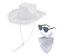ZBHDEYG 1 Sombrero De Vaquero Occidental, 1 Gafas De Amor, 1 Bufanda Cuadrada Estampada Negra, Sombrero De Vaquero con ala De Plumas, Fiestas Temáticas Y Juegos De rol