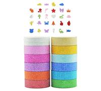 ZBHDEYG 12 rollos de cinta de purpurina colorida, 28 pegatinas de espuma de animales, cinta brillante, cinta adhesiva rasgable a mano, cinta brillante bronceada, pegatinas decorativas para álbumes de