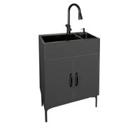 ZBJDX Gabinete Fregadero Doble Tazón para Lavandería, Fregadero Servicio Todo en uno con Rejilla Drenaje Deslizante Incorporada y Grifo Extraíble, Fregadero Cocina Independiente,Negro,24in