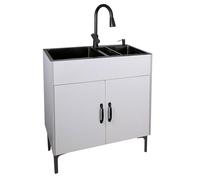ZBJDX Gabinete Fregadero Doble Tazón para Lavandería, Fregadero Servicio Todo en uno con Rejilla Drenaje Deslizante Incorporada y Grifo Extraíble, Fregadero Cocina Independiente,Blanca,30in