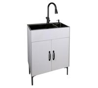 ZBJDX Gabinete Fregadero Doble Tazón para Lavandería, Fregadero Servicio Todo en uno con Rejilla Drenaje Deslizante Incorporada y Grifo Extraíble, Fregadero Cocina Independiente,Blanca,24in