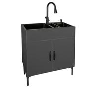 ZBJDX Gabinete Fregadero Doble Tazón para Lavandería, Fregadero Servicio Todo en uno con Rejilla Drenaje Deslizante Incorporada y Grifo Extraíble, Fregadero Cocina Independiente,Negro,30in