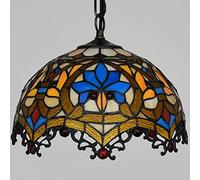 ZBZFGE 12" Ceiling Hanging Light Fixture, Green Leaves Blue Purple Flower Beige Yellow Stained Glass Lampshade Pendant, for Kitchen Island Over Sink Aisle