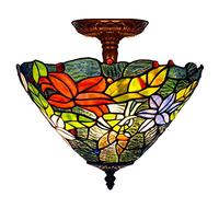 ZBZFGE 12" -Style CeilLight Fixture Stained Glass Semi Flush Mount CeilLamp,2 Light, Traditional Dimmable Metal Decor Chandeliers for Bedroom Kitchen Entry Hallway,T (N)
