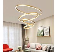 ZBZFGE 120W Pendant Lights Dimmable Remote Control Aluminum Round 4-Ring Hanging Table Lamp Gallery Spiral Staircase Office Ceiling Light Dining Room,Gold-A