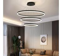 ZBZFGE Chandeliers for Living Room, 3-Ring Circles LED Pendant Light Fixture Chandelier Dining Adjustable Height, Tri-Color Dimmable, Black Finish Made in China