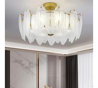 ZBZFGE Drum White Feather Fixture Frosted Glass Nordic Large Semi Flush Mount Light Chandelier Boho Close to Ceiling Lamp for Girls Bedroom Kitchen Dining Room Living R