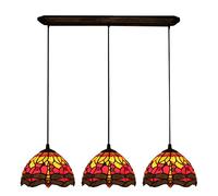 ZBZFGE Red Dragonfly Style Pendant Hanging Lamp, 8 Inch Stained Glass Dining Room, Height Adjustable Ceiling for Farmhouse Kitchen Island Decor,3 Light 76cm