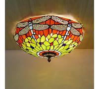 ZBZFGE -Style Dragonfly Flush Mount CeilLight Fixtures, Dimmable Stained Glass Shade CeilLamp, Retro Chandelier Pendant Light Bedroom Hallway,Orange (Red 40cm)
