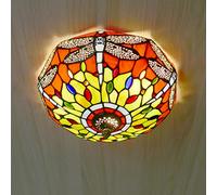 ZBZFGE -Style Dragonfly Flush Mount CeilLight Fixtures, Dimmable Stained Glass Shade CeilLamp, Retro Chandelier Pendant Light Bedroom Hallway,Orange (Red 30cm)