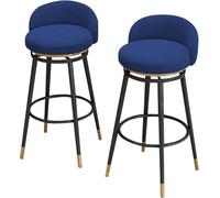 ZBZFGE Swivel Set of 2 Velvet Padded Bar Chairs Low Backrest Footrest Armrest High Stools with Black Metal Legs for Breakfast Counter, Kitchen and Home (Blue,75cm)