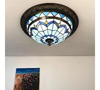 ZBZFGE Vintage Lights Flush Mount Ceiling Fixture for Bedroom Living Dining Room Kitchen Hand-Made Stained Glass Blue Mediterranean Lamp Shade 3-Li,B-12in