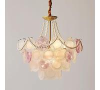 ZBZFGE WQHPLMD Crystal Glass Pendant Ceiling Lighting European Style Pearl Bead Large White Pink Light Round Coastal Chandelier for Girls Bedroom Dining Living Room Foyer Entryway