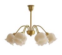 ZBZFGE WQHPLMD Flower Gilrs Bedroom Antique Copper Milk White Ceiling Chandelier Light Fixture Nordic Petals Vintage Gold Pendant Lamp for Entry Foyer Living Room, Adjustable Pole