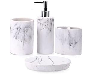 ZCCZ Bathroom Accessory Set, 4 Pcs Marble Look Bathroom Vanity Countertop Accessory Set (Marmol Blanco)
