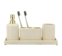 ZCCZ Juego de 4 Accesorios de baño Beige con Dispensador de jabón, Soporte para Cepillo de Dientes, Vaso de baño y Bandeja de tocador, Organizador Decorativo para encimera