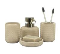 ZCCZ Juego de 4 Accesorios de baño Beige con Dispensador de jabón, Soporte para Cepillo de Dientes, Vaso de baño y Jabonera, Organizador Decorativo para encimera