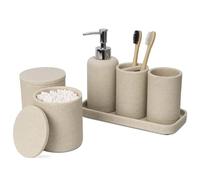 ZCCZ Juego de 6 Accesorios de baño Beige con Dispensador de jabón, 2 Soportes para hisopos, Soporte para Cepillo de Dientes, Vaso de baño y Bandeja de tocador, Organizador Decorativo para encimera