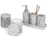 ZCCZ Juego de 6 Accesorios de baño Blanco con Dispensador de jabón, 2 Soportes para hisopos, Soporte para Cepillo de Dientes, Vaso de baño y Bandeja de tocador, Organizador Decorativo para encimera