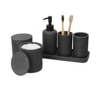 ZCCZ Juego de 6 Accesorios de baño Negro con Dispensador de jabón, 2 Soportes para hisopos, Soporte para Cepillo de Dientes, Vaso de baño y Bandeja de tocador, Organizador Decorativo para encimera