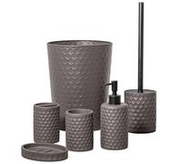 ZCCZ Juego de 6 Piezas de Accesorios de Baño Gris Cálido con Soporte de Cepillo de Dientes, Dispensador de Jabón, Bandeja de Bajón, Cubo Basura, Vaso de Baño y Escobilla, Juego de Baño Completo