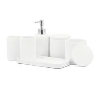 ZCCZ - Juego de accesorios de baño blancos de 6 piezas: soporte para cepillo de dientes, dispensador de jabón de loción, dispensador de soporte de 2 Qtip, bandeja de tocador, vaso de baño, organizador