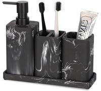 ZCCZ Juegos de Accesorios de baño 4 Piezas Negro con Dispensador, Vaso, Soporte para Cepillo, Bandeja - Set Decorativo Estilo mármol Elegante