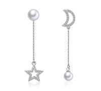 ZCCZJS 925 Estrella de Cristal de Plata esterlina Estrella asimétrica Colgante de colgación, Pendientes de longo de Perlas, Elegantes Pendientes Colgantes para Mujeres de Boda