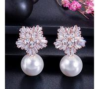 ZCCZJS Diseño de Flores de Nieve Mujeres Pendientes de Perlas Blancas Grandes caídas circonía cúbica