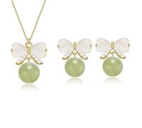 ZCCZJS Juego de Joyas de Jade Natural hetiano para Mujer, delicados Pendientes de Tuerca con Forma de Lazo de Jade Verde de la Suerte, Cadena de Gargantilla Ajustable, Pendientes de Collar Hechos a