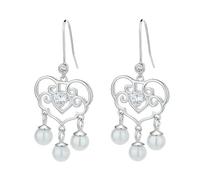 ZCCZJS Pendientes de Plata para Mujeres 925 Sterling Silver Filigree Corazón Pendientes Colgantes, Pendientes de caída de Perlas, Pendientes de Gato de Gancho de Plata, Regalo de joyería para el Día