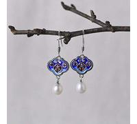 ZCCZJS Pendientes para Mujer, Estilo Chino Pendientes de Gota S925 Plata Estilo étnico Retro Plata quemada Azul auspicioso Agua Dulce Perla Pendientes de Plata Pendientes de Plata tailandesa