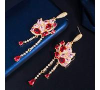 ZCCZJS Red Rosa Rojo Brillante Cubiconia Stone Butterfly Forma Dangle Long Tassel Drop Party para Mujeres Joyas