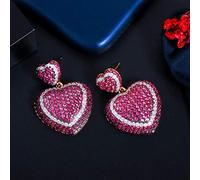 ZCCZJS Rose Rojo circonía cúbica Colgan caída de la Forma del corazón del corazón Pendientes para Mujeres Joyas de Fiesta