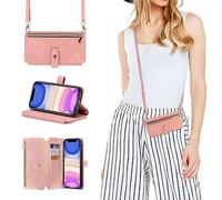 ZCDAYE Hülle für iPhone 12 mit Band Handykette Leder iPhone 12 Handyhülle Handytasche mit Kartenfächer Frauen Brieftasche Klapphülle zum Umhängen Tasche iPhone 12 (6.1 inches), Rose Gold