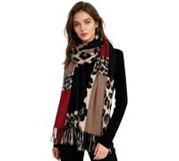 ZCJ Bufanda para Mujer - Chal, Pañuelo de Cuello, Foulard para Otoño e Invierno Cálida, Estampado de Leopardo con Flecos, Sensación de Cachemira, Premium Animal Print Scarf, Rojo