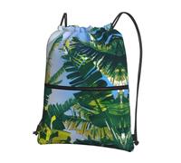 Zcmkjlg Bolsa de cordón con estampado de hojas de plátano con bolsillo con cremallera, mochila plegable, ajustable para camping, festivales y salidas