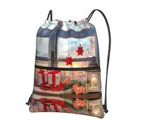 Zcmkjlg Bolsa de cordón con estampado de imágenes de Feliz Navidad con bolsillo con cremallera, mochila plegable, ajustable para camping, festivales y salidas