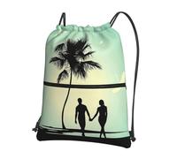 Zcmkjlg Bolsa de cordón con estampado de pareja casada caminando en la playa con bolsillo con cremallera, mochila plegable, ajustable para camping, festivales y salidas
