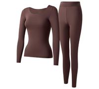 ZCXCsfp Conjunto de ropa interior térmica para mujer, capa base ultra suave, parte superior e inferior, forro polar fino, camisa de manga larga y leggings para esquí de invierno al aire libre, marrón
