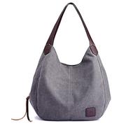 ZDAGELD Bolso de Hombro de Lona, Bolso Vintage de Gran Capacidad para Mujer, Múltiples Bolsillos con Botón Magnético con Cremallera, Bolsos de Lona Totalmente Vagabundos para (Gris)
