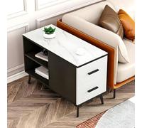 ZDFTGKM Mesa auxiliar de piedra rectangular con base de hierro negro, cajones y almacenamiento incluido sofá mesa auxiliar, pizarra nórdica larga mesita de noche esquina pequeño café blanco y negro