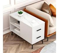 ZDFTGKM Mesa auxiliar rectangular de piedra con base de hierro negro, cajones y almacenamiento incluidos, mesa auxiliar de sofá, mesita de noche larga nórdica de pizarra pequeña, color café blanco, 39