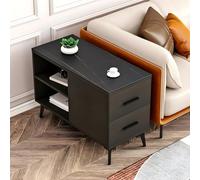 ZDFTGKM Mesa auxiliar rectangular de piedra con base de hierro negro, cajones y almacenamiento incluidos mesa auxiliar para sofá, esquina de noche larga nórdica de pizarrón, café pequeño, 27.5
