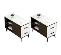 ZDFTGKM Mesa auxiliar rectangular de piedra con cajones de base de hierro negro y almacenamiento incluido para sofá, mesita de noche larga nórdica, color café esquinero, color blanco y negro, juego de
