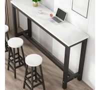ZDFTGKM Mesa rectangular de madera fabricada con base de caballete de acero negro, contra pared estrecha para balcón, tienda de té con leche larga, patas altas, color blanco, 63 pulgadas de largo x