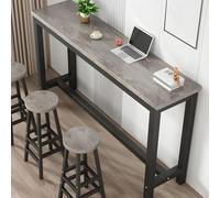 ZDFTGKM Mesa rectangular de madera fabricada con base de caballete de acero negro, contra pared estrecha para balcón, tienda de té con leche larga, patas altas, color gris, 55.1 pulgadas de largo x