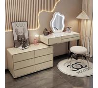 ZDFTGKM Tocador de Lujo, tocador de Madera Maciza con Mueble Lateral retráctil y Espejo Inteligente LED, tocador de Dormitorio con Silla Rockboard, Ideal para Ella (Caqui, 48 Pulgadas)