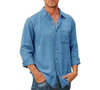 ZDJSWJ Camisa de hombre en denim de manga larga y cuello redondo Camisa de trabajo ligera en denim Chaqueta de denim informal abotonada Slim, azul, XXL